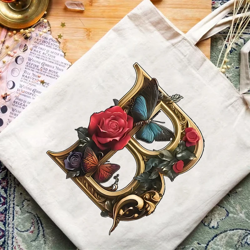 Women's Golden Butterfly Letter A-Z Handbags Vintage Fashion Floral Butterfly 26 Alphabet Shopping Bags Casual Teen Shoulder Bag
