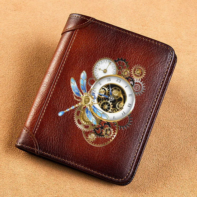 High Quality Genuine Leather Men Wallets Steampunk Gear Dragonfly Clock Cover Short Card Holder Purse Trifold Men's Wallet