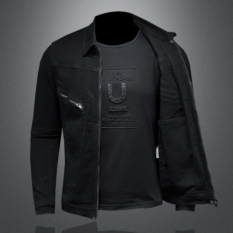Men's High-Quality Fashion Handsome Trend Classic Denim Jacket Black Gold Zipper Biker Multi-Zip Winter Snow Jacket