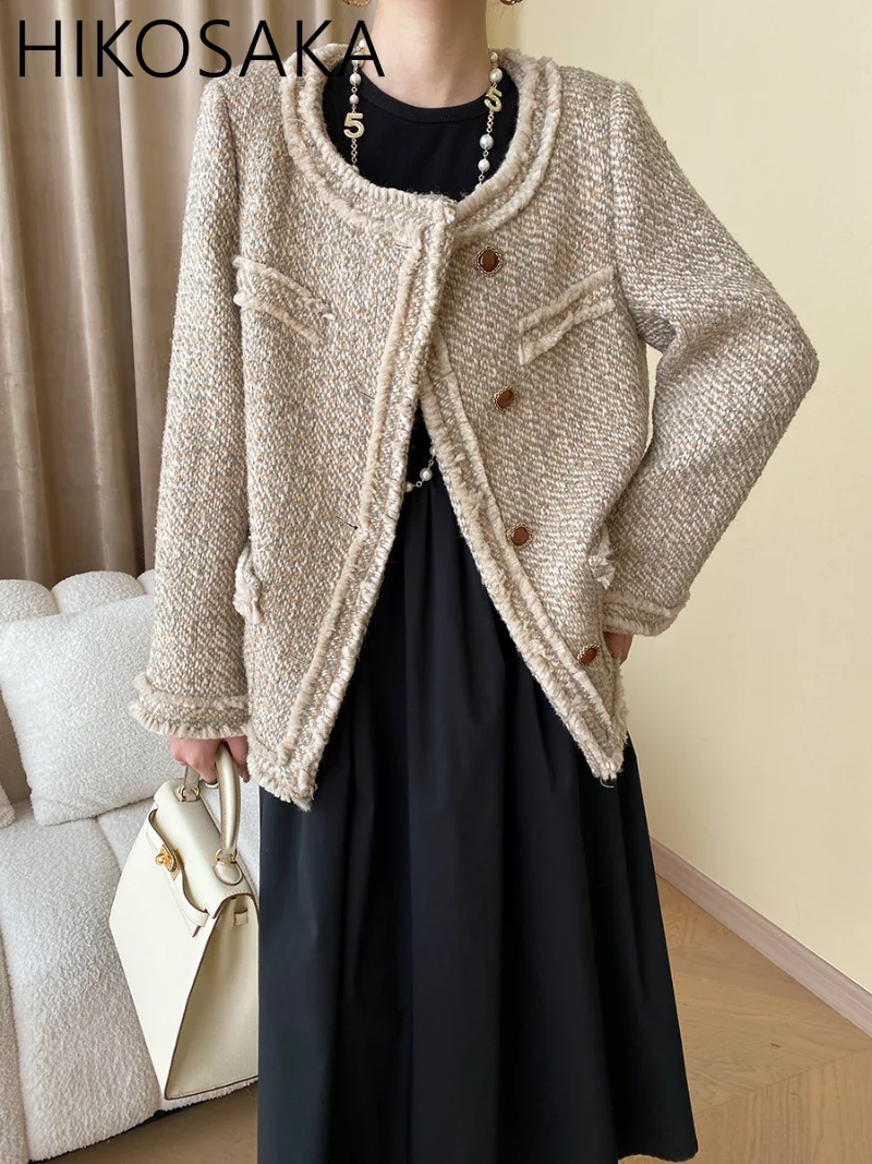 

Korean Chic Elegant Vintage Jackets U-neck Weave Tweed Coats Single Breasted Long Sleeve Top 2024 Autumn Small Fragrance Outwear