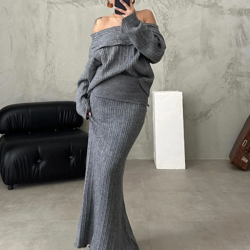 Autumn Winter Thick Knitted 2 Piece Set Simple Solid Long Sleeved Slim Outfit Ladies Sexy Slash Neck Sweater and Half Skirt Suit