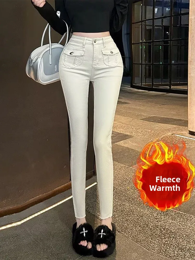

Slimming High Waist Fce Lined ket Detail Women's Skinny Jeans Cotton Stretch Denim Retro Sle Autumn Winter Faion