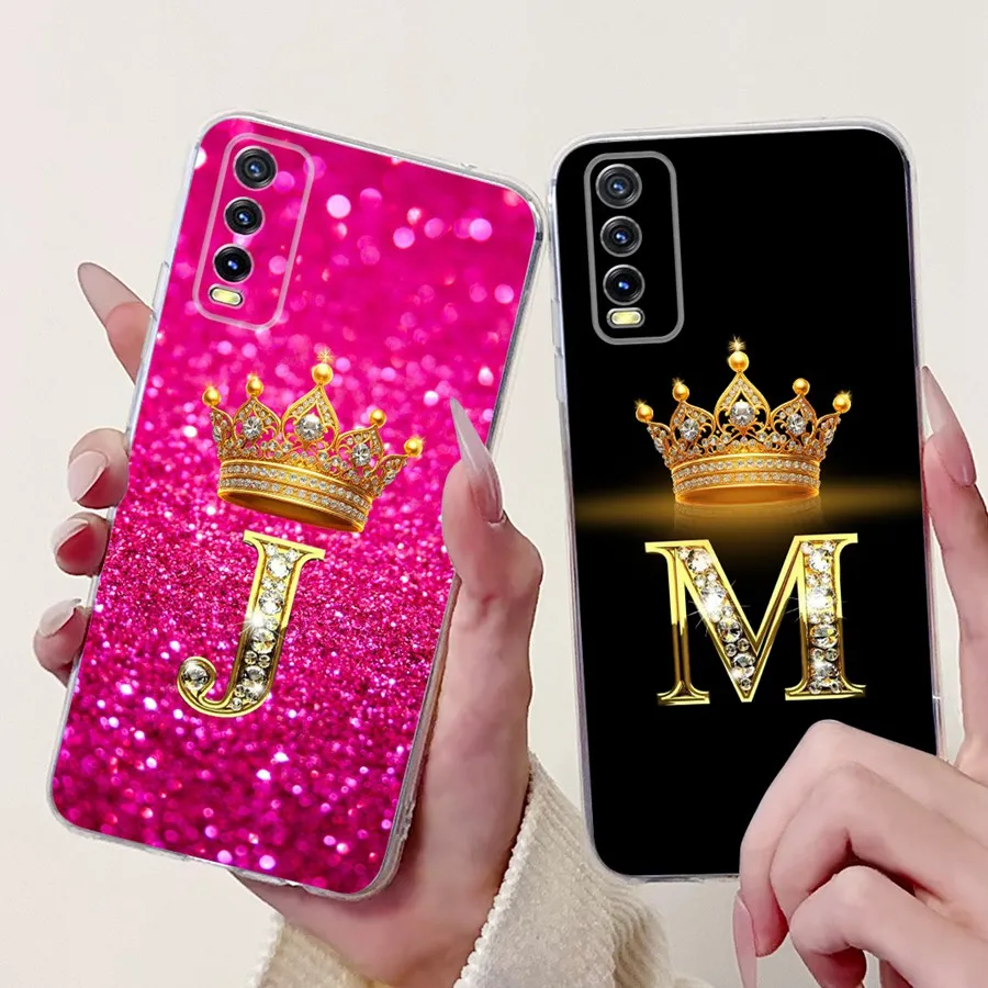 For Vivo V2027 V2028 Y20 Y20i Case Crown Initial Letters Silicone Soft TPU Coque Cover For Vivo Y11s Y12s Y 20 i Alphabet Funda