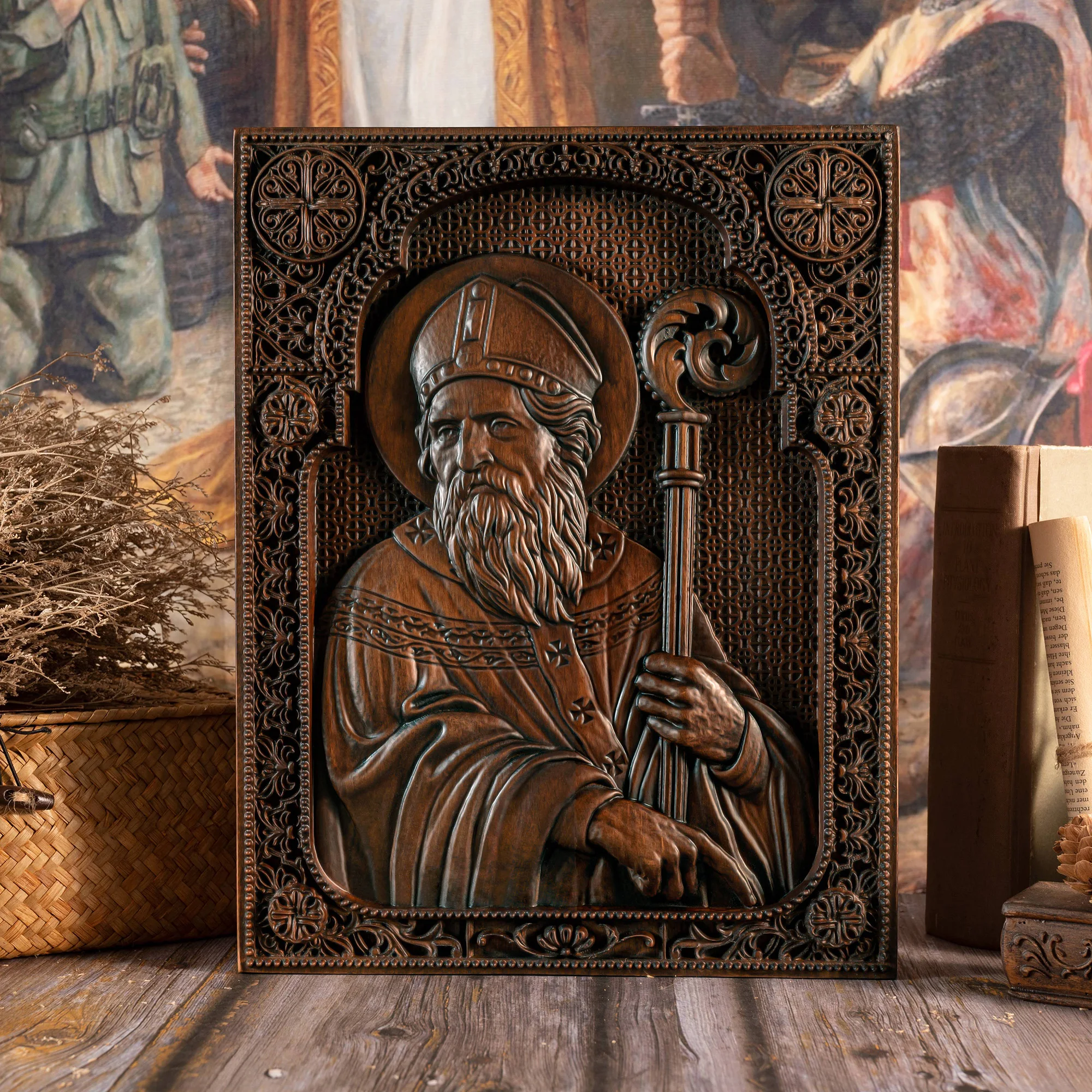 Saint Patrick Square Plaque, Religious Icon, Wooden Carved Wall Decor, Catholic Saint, Irish Bishop, Saint Christian Gift