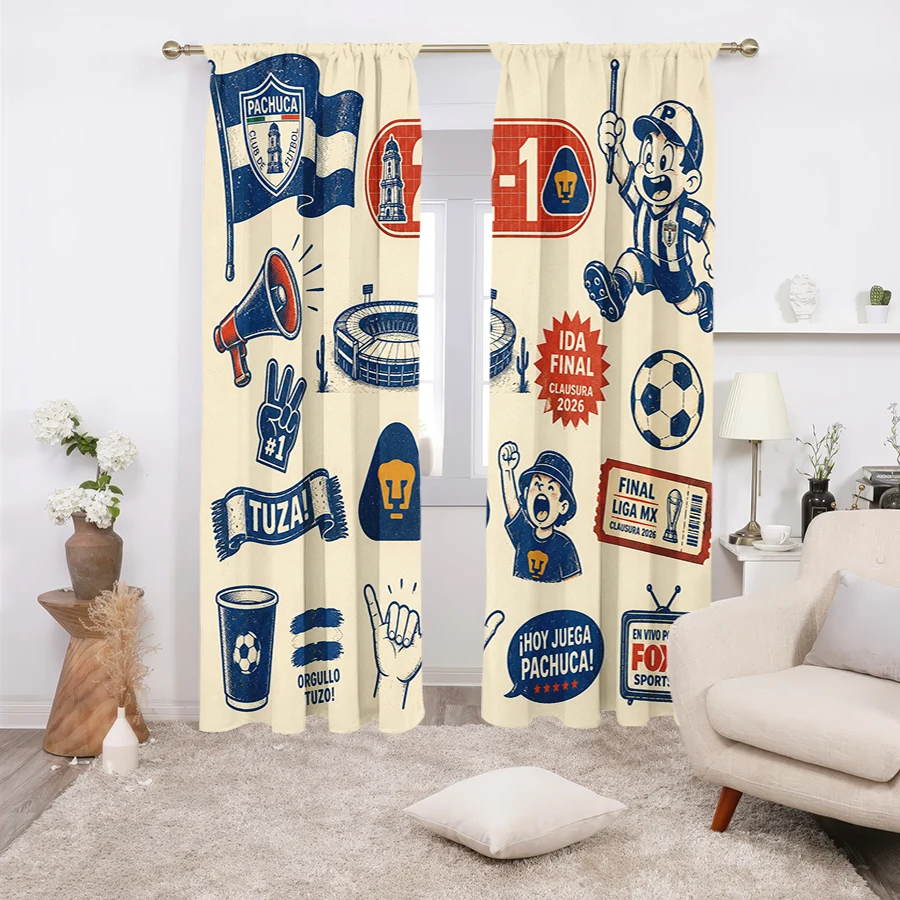 2PCS Curtains, Cartoon Vintage Pachuca Football Print with Team Flag, Match Score 2-1, Stadium, Cartoon Player, Megaphone, Socce