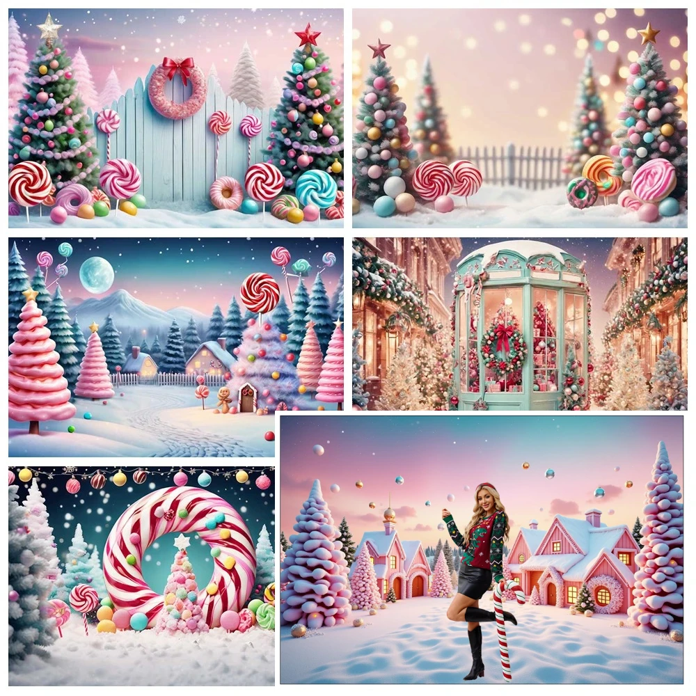 

MOON.QG Pink Candy Castle Christmas Xmas Tree Photography Backdrop 2025 New Year Party Background Fence Studio Photo Backdrops