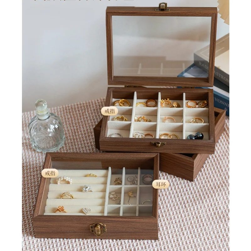 Hard Walnut‑Pattern Jewelry Storage Case, Velvet Lined Interior, Neat Desktop Organizer for Rings, Earrings and Necklaces