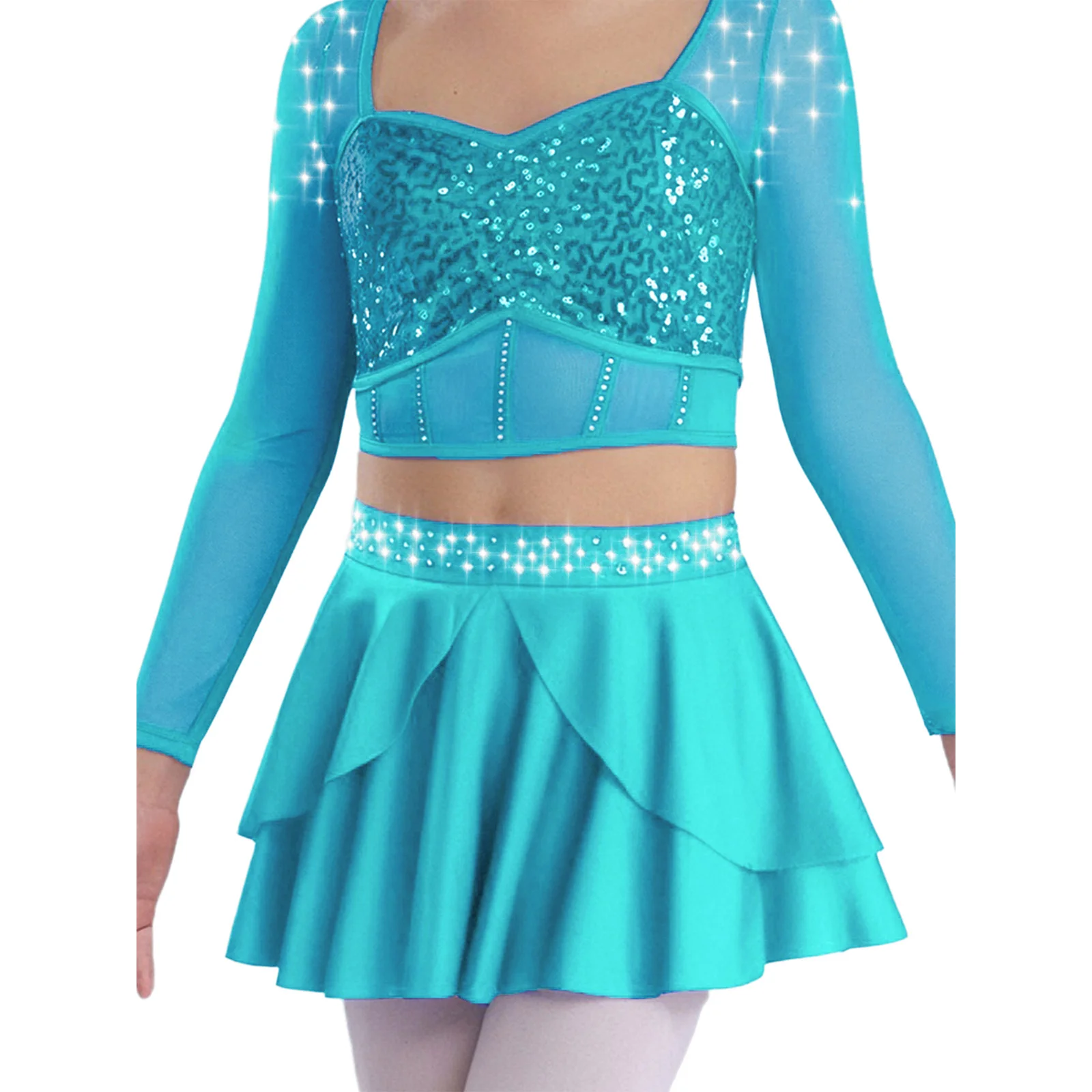 Dziecięcy strój do tańca lirycznego dla dziewczynek, top typu halter z krzyżującymi się ramiączkami na plecach, błyszczące cyrkonie, krótki top + spódnica do łyżwiarstwa figurowego, baletu, jazzu, latynoamerykańskie.