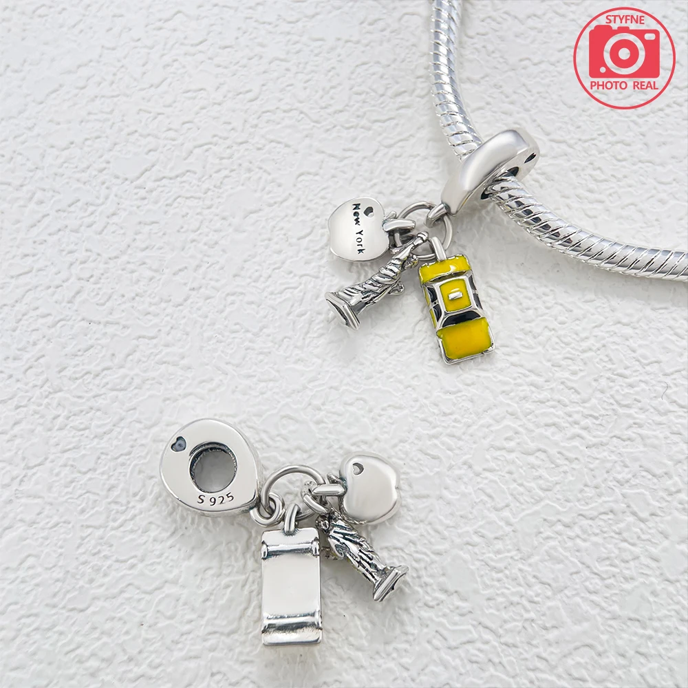 Silver Plated Dangle Charm Bead, New York Liberty & Taxi With Yellow Enamel Bead Fits European Bracelet Nice Travel Souvenir