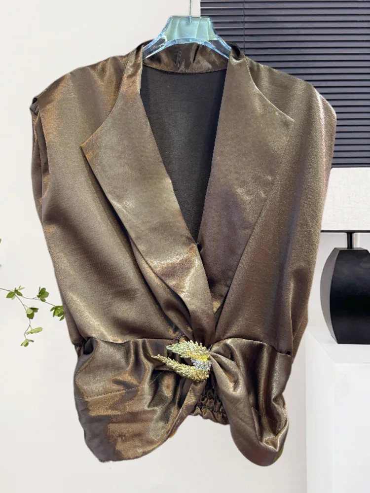 

Blusas Mujer с леопардовым принтом, летние женские блузки, новинка 2025, модные блузки, одежда без рукавов с v-образным вырезом, плиссированные майки, изысканный топ на пуговицах