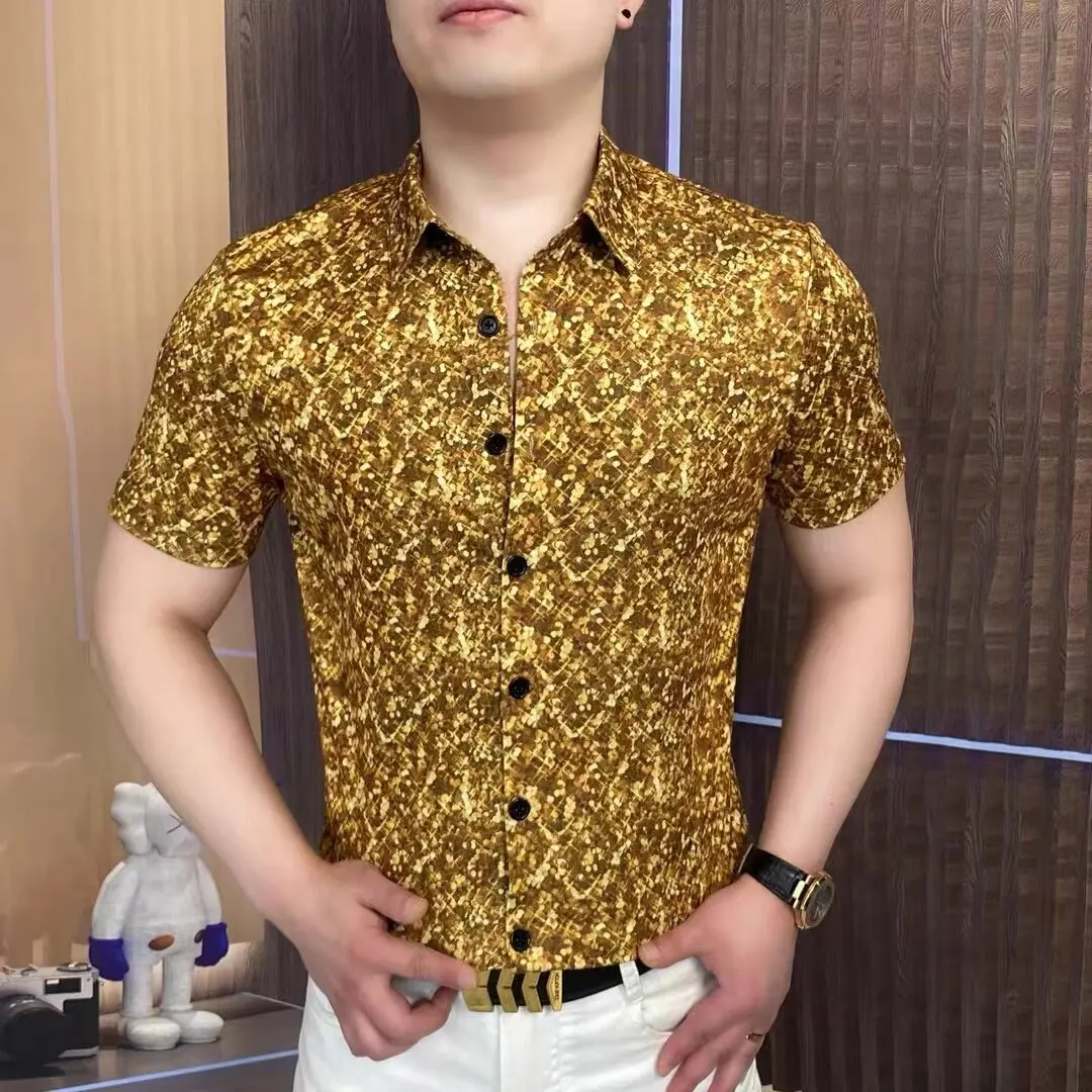 Golden Flower Shirt Men's Summer Stretch Short Sleeve Shirt Men Fashion Casual Business Social Shirts Ice Silk Breathable Top