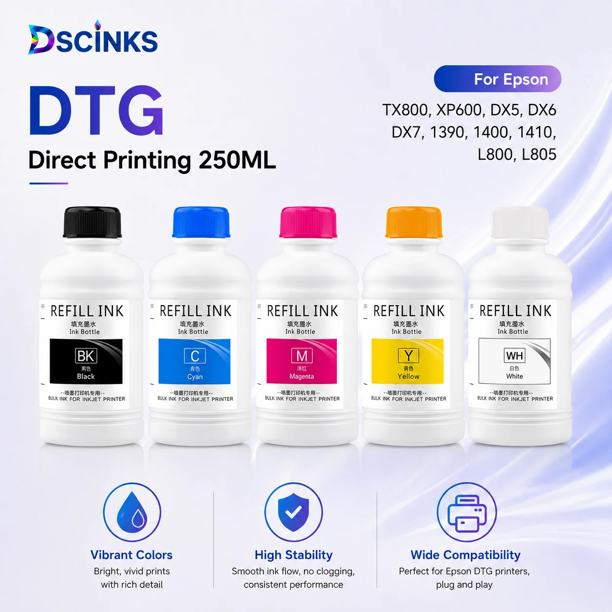 250ML DTG Textile Pigment Ink For Epson DX5 DX7 XP600 TX800 i3200 Printhead DTG Printer For Cotton  Viscose Garment Printing