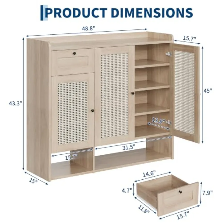 Rattan Shoe Cabinet with Drawer, 3 Doors and 5-Tier Storage for Entryway Natural Woven Texture, Beige Tone, Space-Saving Ventil