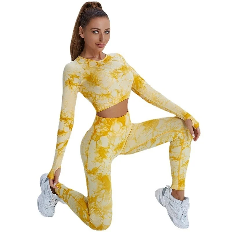 Print Stretchy Leggins Women Casual Sprotswear Slim Tracksuit Jogger Sportswear Fitness Suit Tie Dye Female Clothing Yoga Set