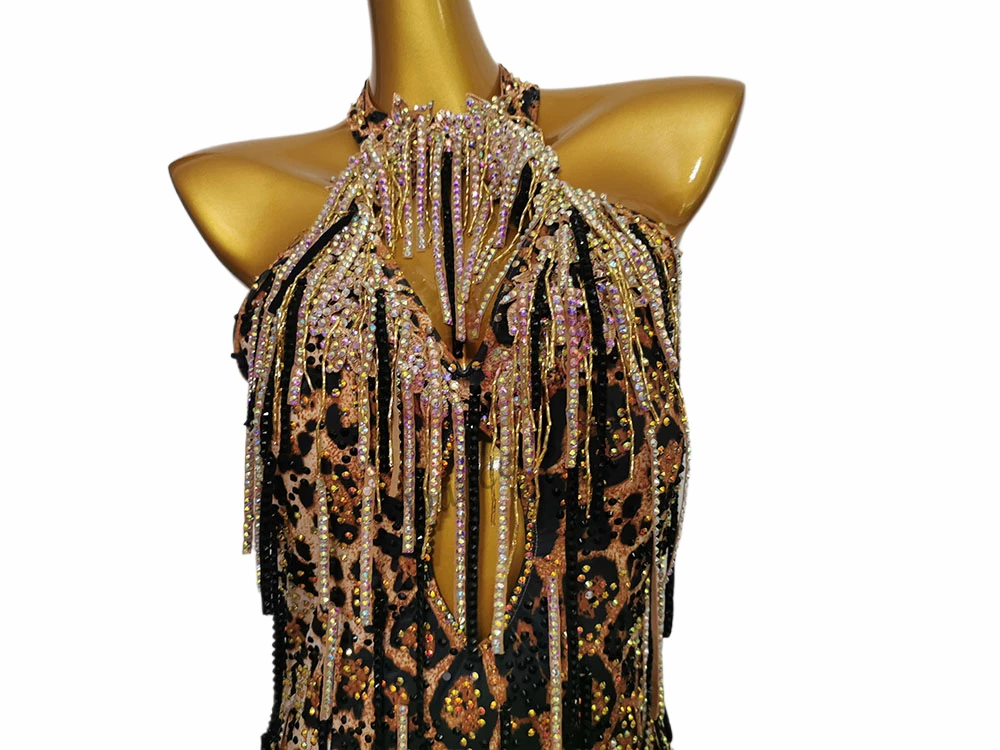 Latin Dance High-end Custom Leopard Print Art Grade Examination Flower Dress Cha Tango Female Adult Stage Professional Dress