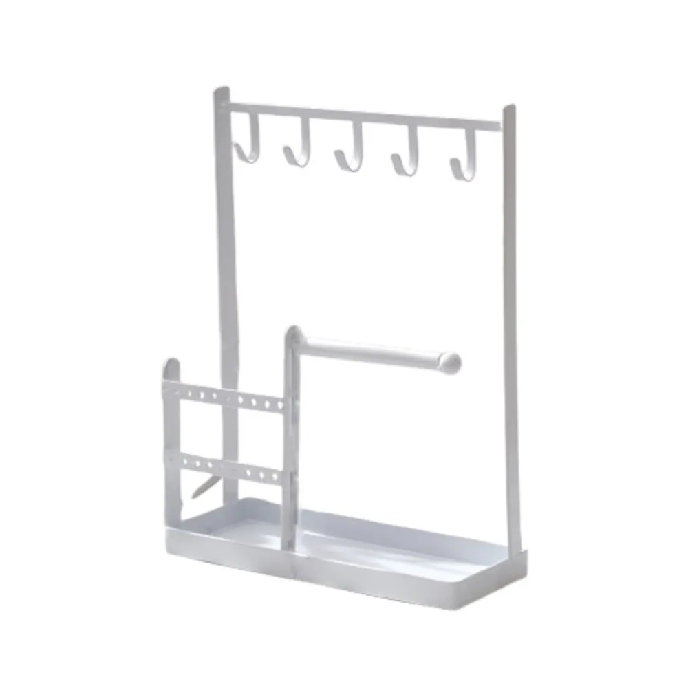 

Metal Jewelry Display Rack Multifunctional Hanging Hook Necklace Storage Rack Desktop Organizer with Tray Dish Ear Stud Holder