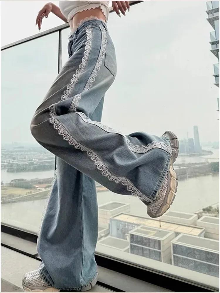 

Women's Blue Lace Jeans Baggy Y2K Korean Edition 2000s Streetwear Fashion Cute Academy Retro Jeans Pants Clothing