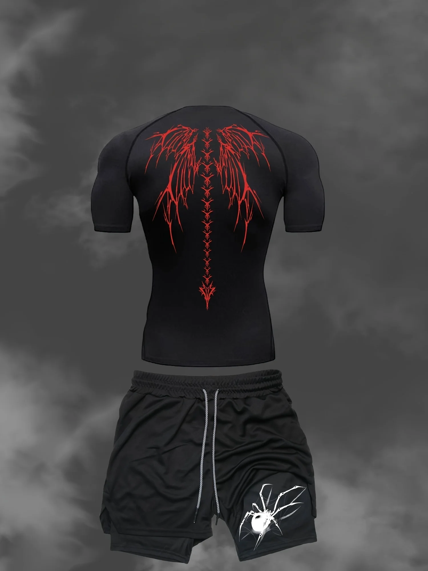 

Men's Quick-Dry Athletic Set with Wings & Spider Print - Compression T-Shirt and Multi-Pocket Shorts for Gym, Running Activities