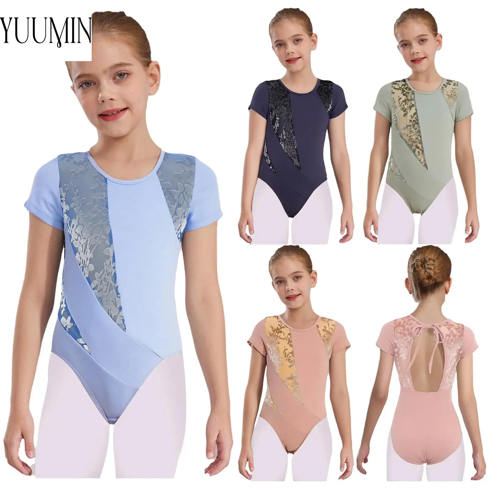 

Short Sleeve Girls Gymnastics Leotard Ballet Practice Performance Costume Kids Cutout Back Velvet Printed Mesh Leotard Dancewear