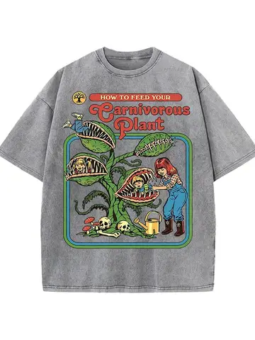 Earnivorous Plant Pattern Washed T-Shirts Men Breathable Cotton Casual T Shirt Soft Summer Comfortable Crewneck Short Sleeve