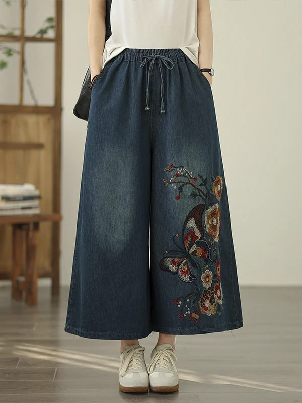 

Retro Embroidered Thin Soft Denim Heavy Work Ethnic Sle Elastic Waist Versatile Large Size Nine-Tenths Wide Leg Pants