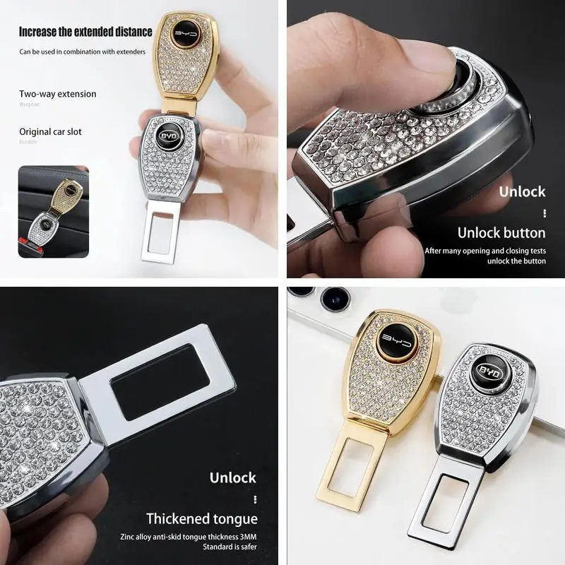 BYD Logo Metal Seat Belt Latch Extender With Bling Crystal For Atto 3 Seal Dolphin Han Tang Song Yuan Car Interior Decoration Tr