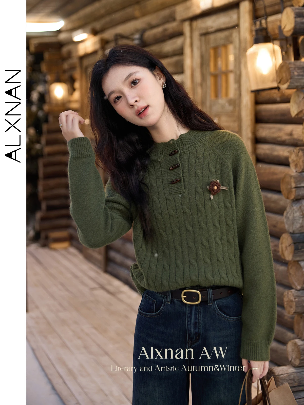 ALXNAN Women Olive-green Sweater Warm O-neck Three-dimensional Flower Horn Button Jumper Winter Long Sleeve Knitted Tops L52273