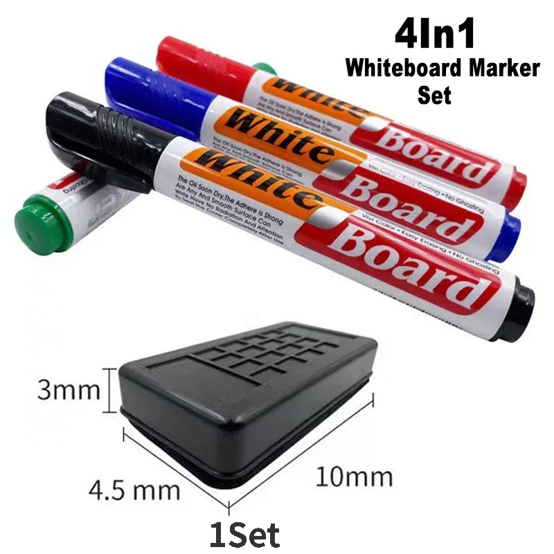 

4Pcs Color Erasable Whiteboard Marker Pen With White Board Eraser Wiper Set School teacher resources Home office school supplies