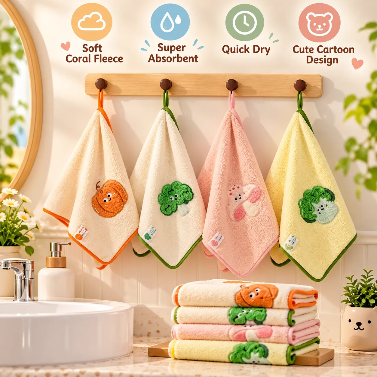 Cute Cartoon Vegetable Towel, Absorbent Quick-Dry Square Towel, Kids Face and Bath Washcloth