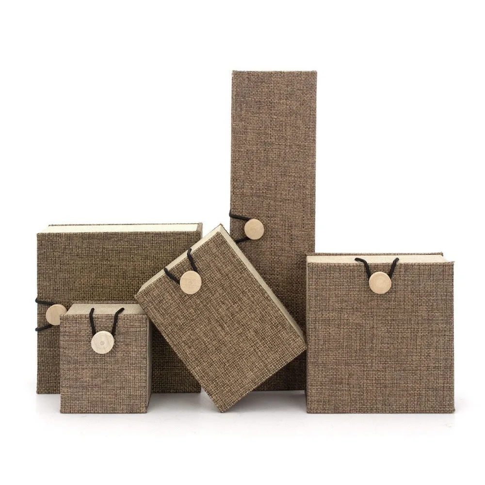 Linen Wood Jewelry Box Button Closure Fleece Lining Pendant Bracelet Box Multi-purpose Dust Protect Jewelry Storage