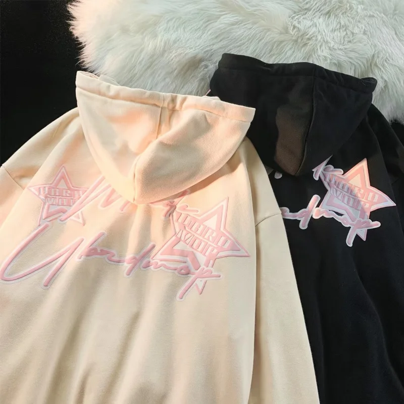 Y2K Zipper Hoodie Mulheres 2023 novo Fried Street Star Carta impressão emendado cardigan hoodie mulheres moda solta casaco top streetwear