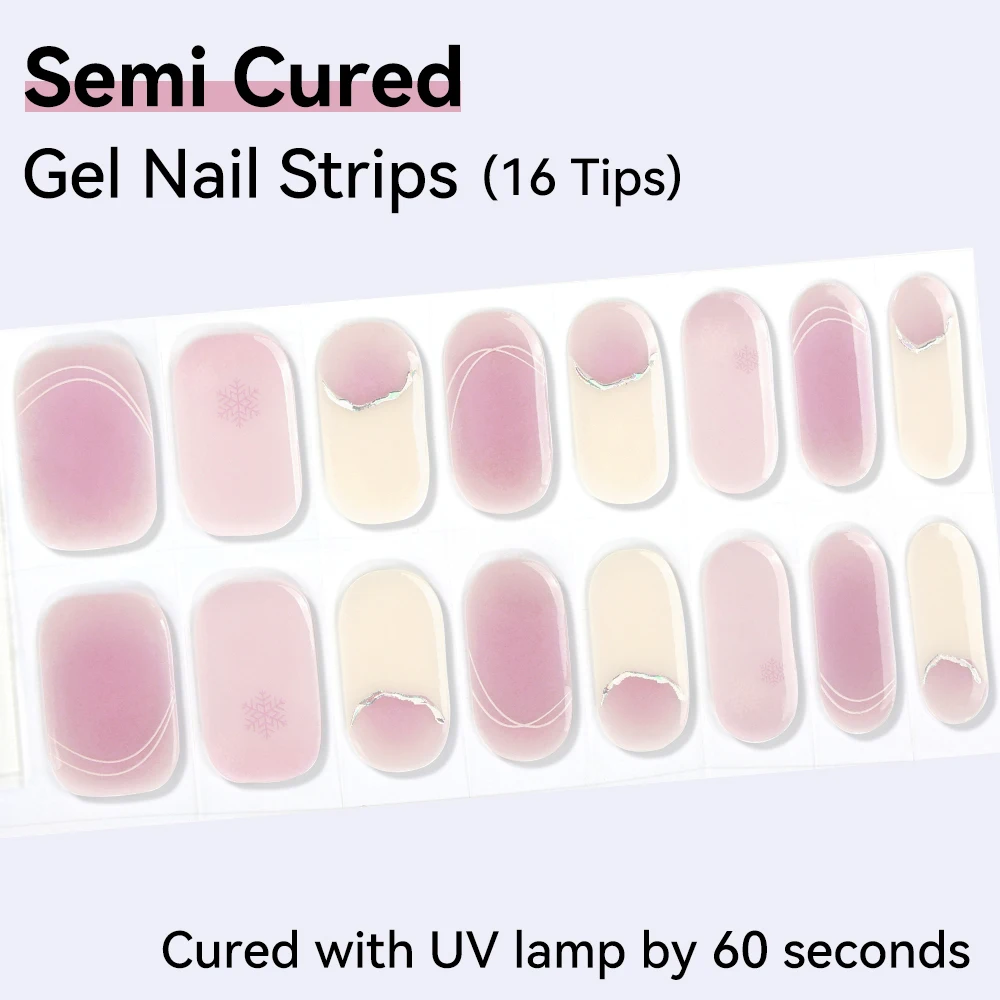 16Tips Valentine's Day Semi-Cured Gel Nail Stickers Adhesive Waterproof Long Lasting Full Cover Gel Nail Strips UV Lamp Needed