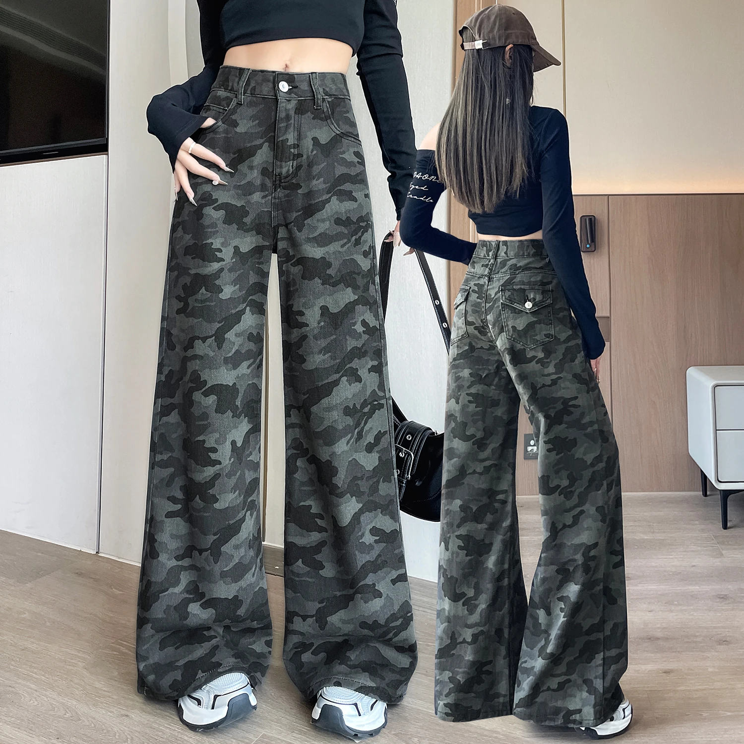

Jeans Women Camouflage Retro Fashion High Waist Wide Leg All-match Loose Mopping Trousers Casual Korean Style Autumn Ins Fit Hot