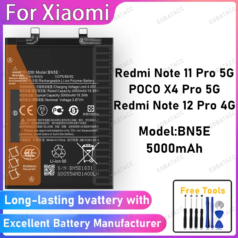 100% New 5000mAh BN5E Battery For Xiaomi Redmi Note 11 Pro 5G/POCO X4 Pro 5G/Note 12 Pro 4G Battery Replacement Bateria+Free Too