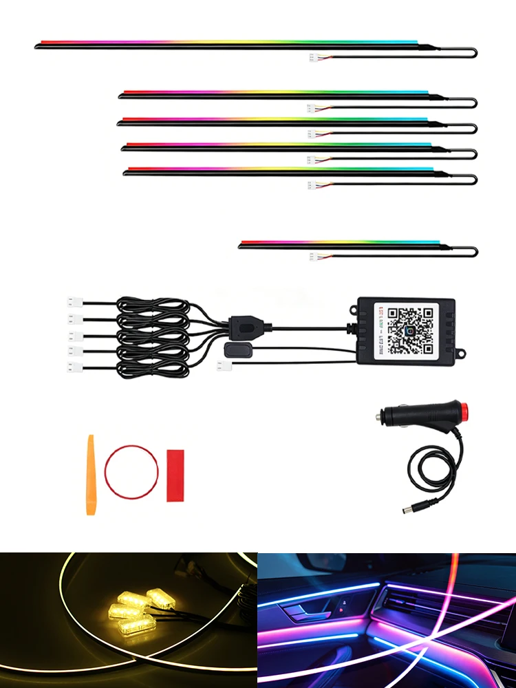 5/6/9/10-in-1 Symphony Auto-Ambientebeleuchtung, Innenraum-Acryl-Lichtleiter, LED-Streifen, Zigarettenanzünder-Dekorationslampe, Atmosphärenbeleuchtung mit APP-Steuerung