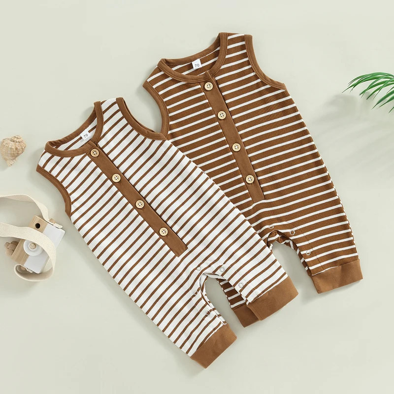 

2022-12-16 Lioraitiin Infant Baby Girls Boys Romper Stripe Sleeveless Crew Neck Buttons Snap Closure Jumpsuits Summer Jumpsuit