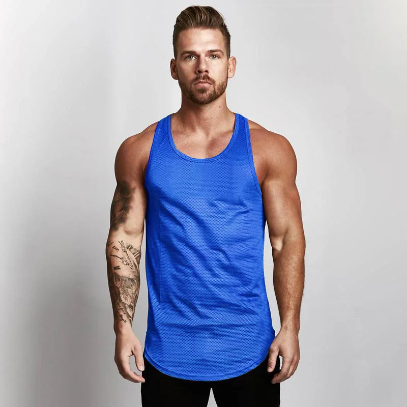 Solid Color Mens Fitness Running Tank Tops Sleeveless Breathable Mesh Quick Dry Singlets Gym Bodybuilding Workout Muscle Shirt