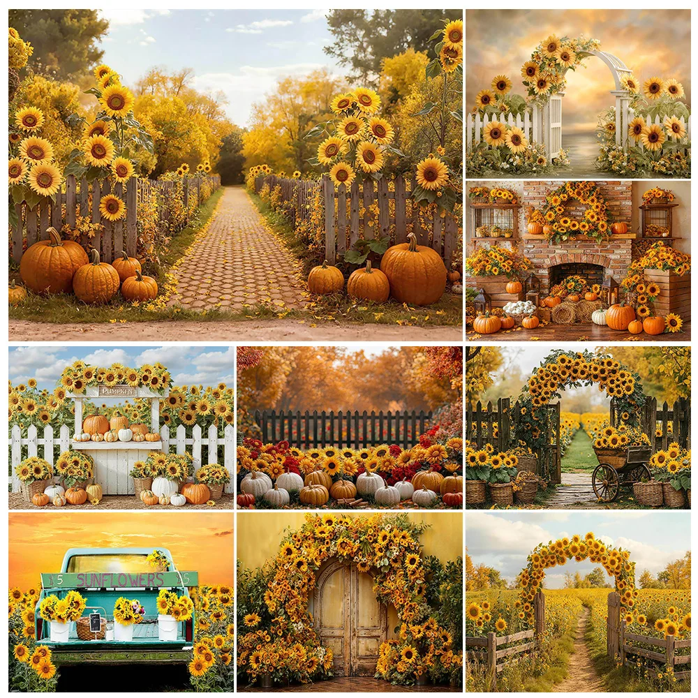 Fall Sunflower Photography Backdrop Pumpkin Countryside Farm Autumn Children Birthday Cake Smash Background for Photo Studio