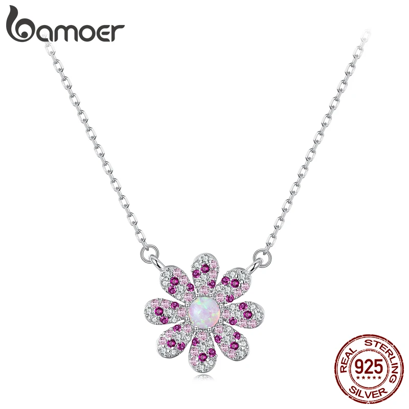 

BAMOER 925 Sterling Silver Pink Daisy Jewelry Set Full Zircons Flower Stud Earrings for Women Teens Dainty Party Jewelry Gifts