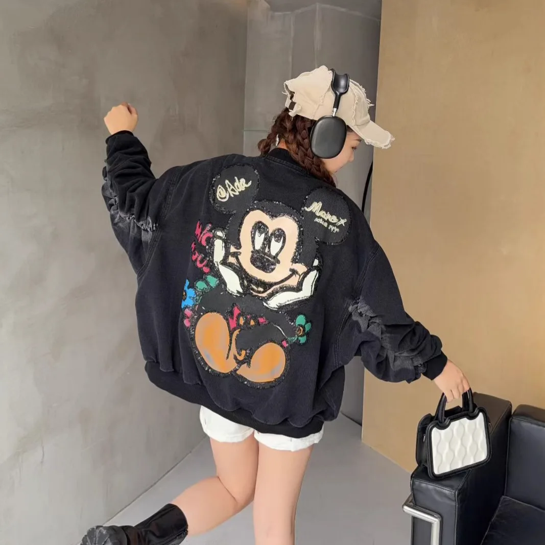 

Trendy Female Denim Baseball Jersey New Spring Autumn Stand Collar Loose Cardigans Top Sequins Mickey Printed Oversize Jackets