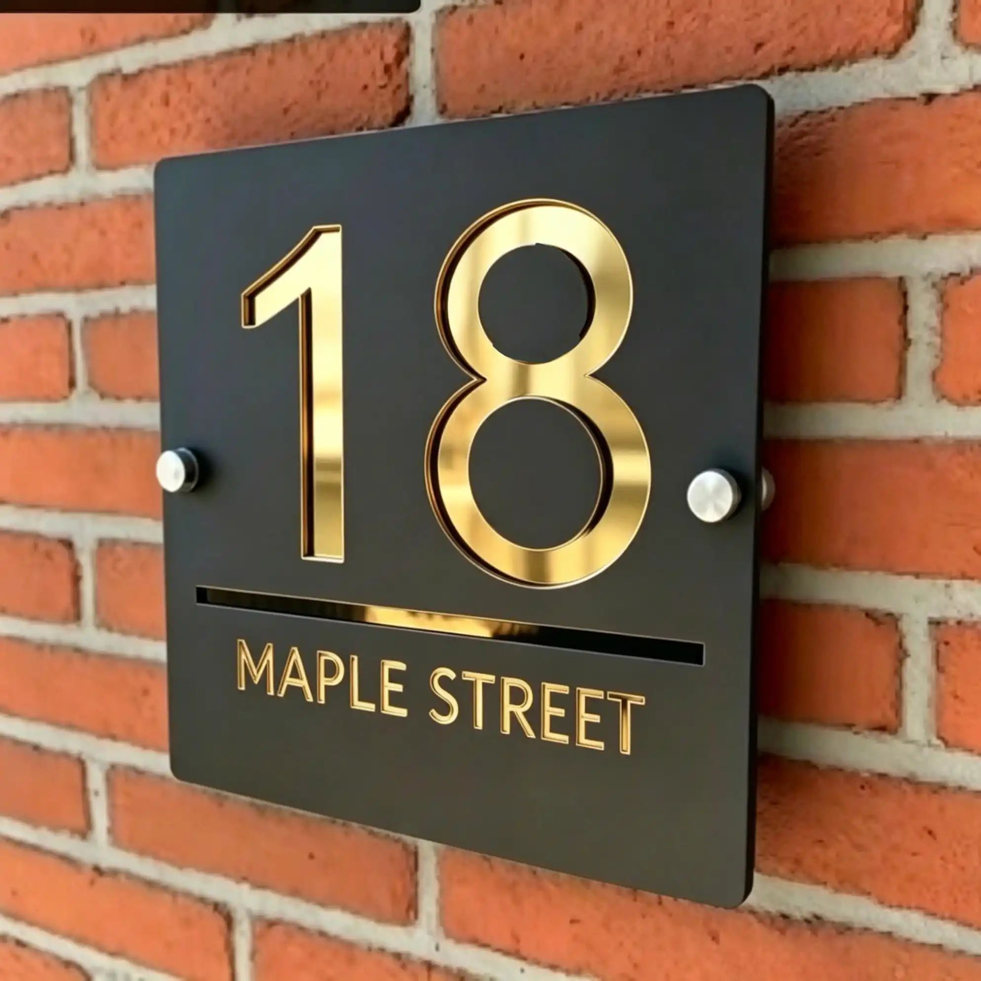 High-quality acrylic street address and name plaques with laser-engraved numbers; weather-resistant and fade-proof.