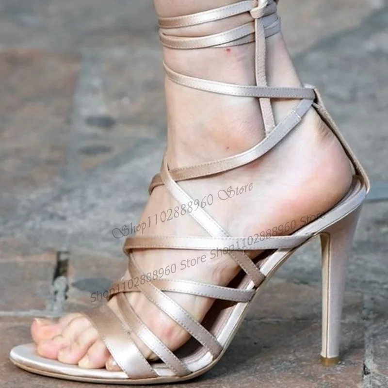 Cross-Tied Silver Narrow Band Sexy Style Sandals Stilettos High Heel Women Shoes Open Toe 2023 Fashionable Zapatos Para Mujere