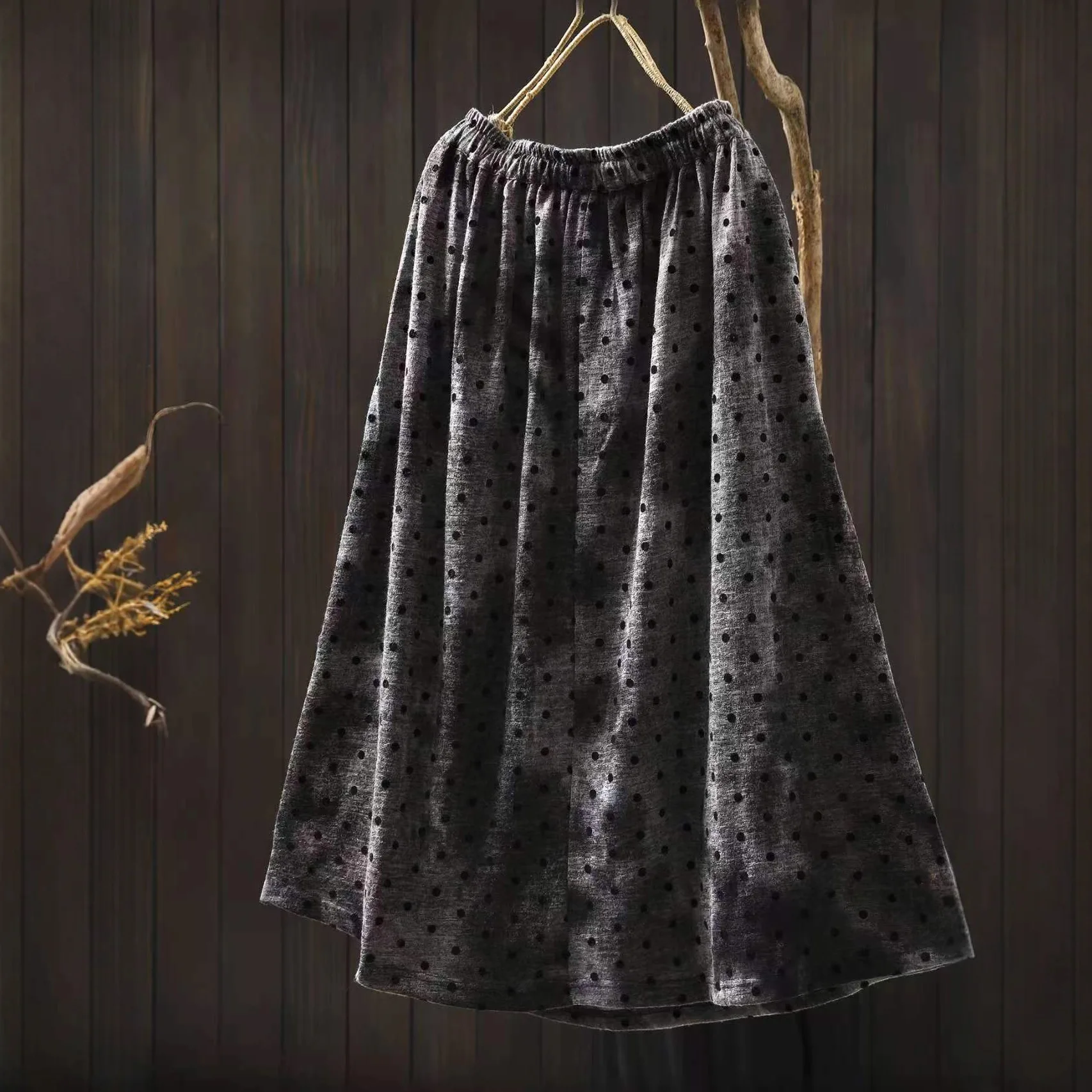 Autumn Women's Retro Blurred Polka Dot Print A-Line Skirt with Drawstring Elastic Waist Loose Double-Layer Skirt for Ladies
