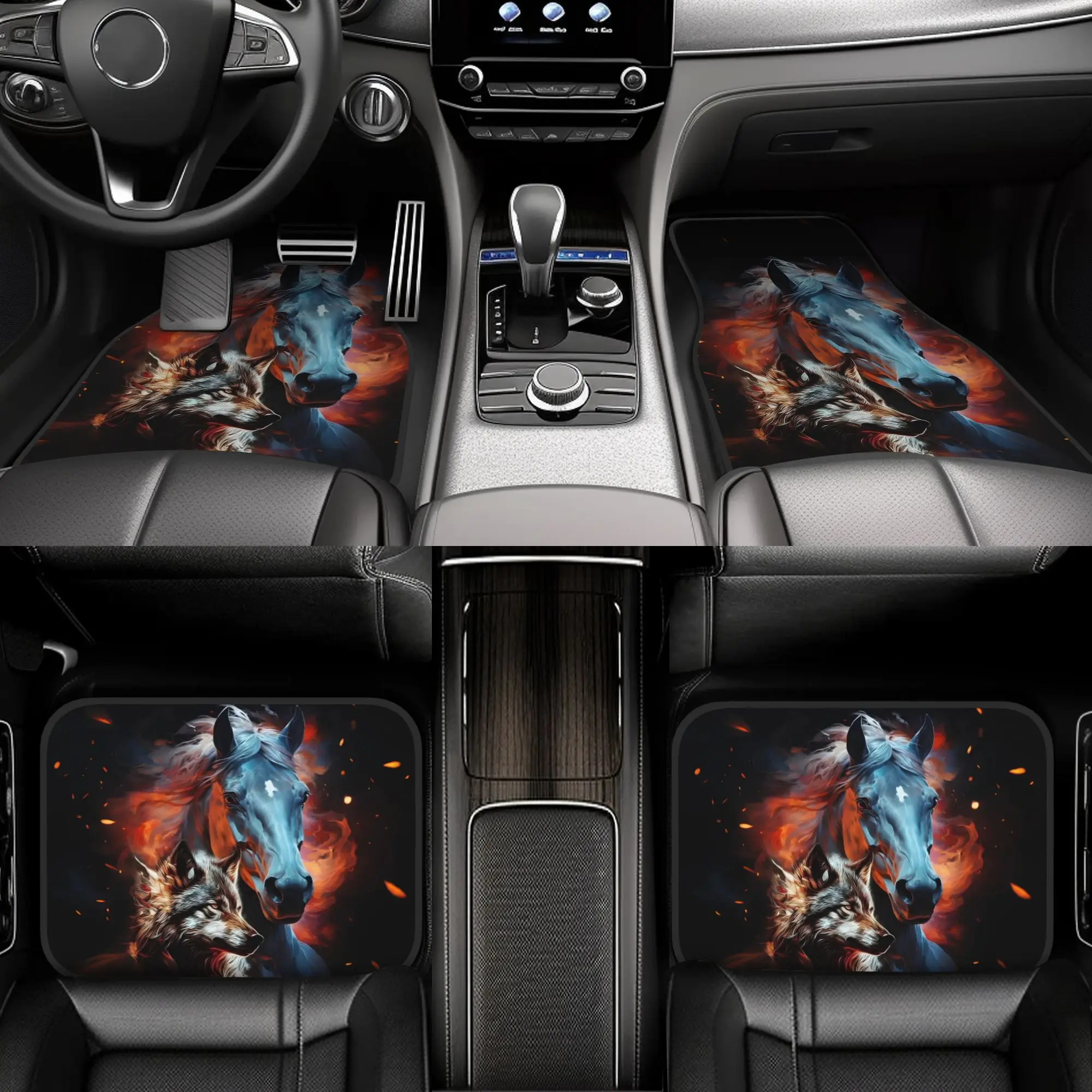 Scb Set Set Of 4 Car Floor Mats Featuring A Wolf-Horse Design, Suitable For ...