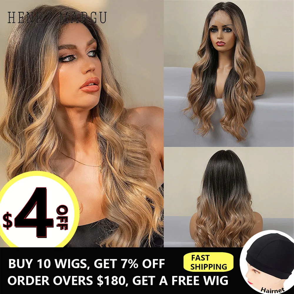 

HENRY MARGU Ombre Brown Blonde Highlight Lace Front Synthetic Wigs for Women Body Wave T Part Lace Hair Wig Heat Resistant