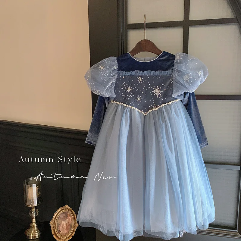 Girl Princess Dress 2024 Autumn Children\'s Girl Birthday Dress Blue Sweet Cute Dress Girls Clothes