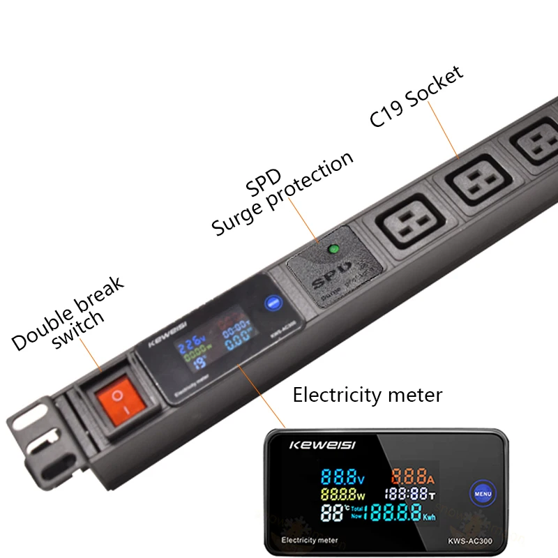 Cabinet Mount PDU Distribution Unit strip C19 Socket with Electricity meter surge protector break switch Aluminum alloy shell