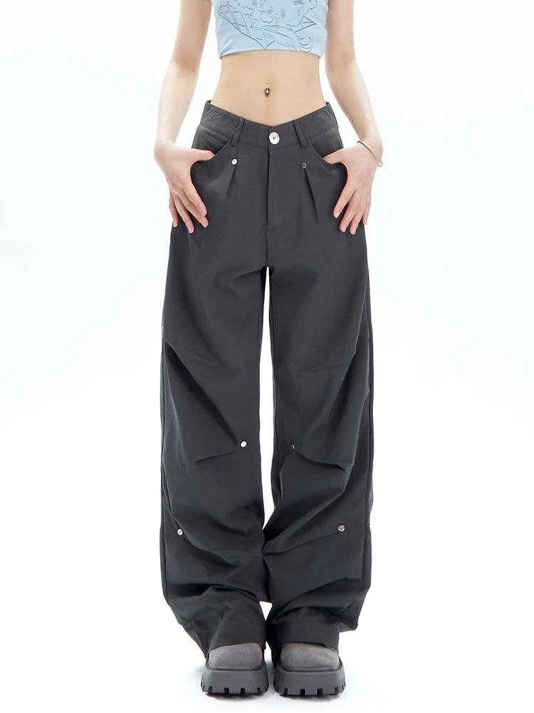 

Women High Street Casual Overalls Summer Thin Loose Wide Leg Pants American Retro Rivet 90's Oversized Y2k Cargo Flared Trousers