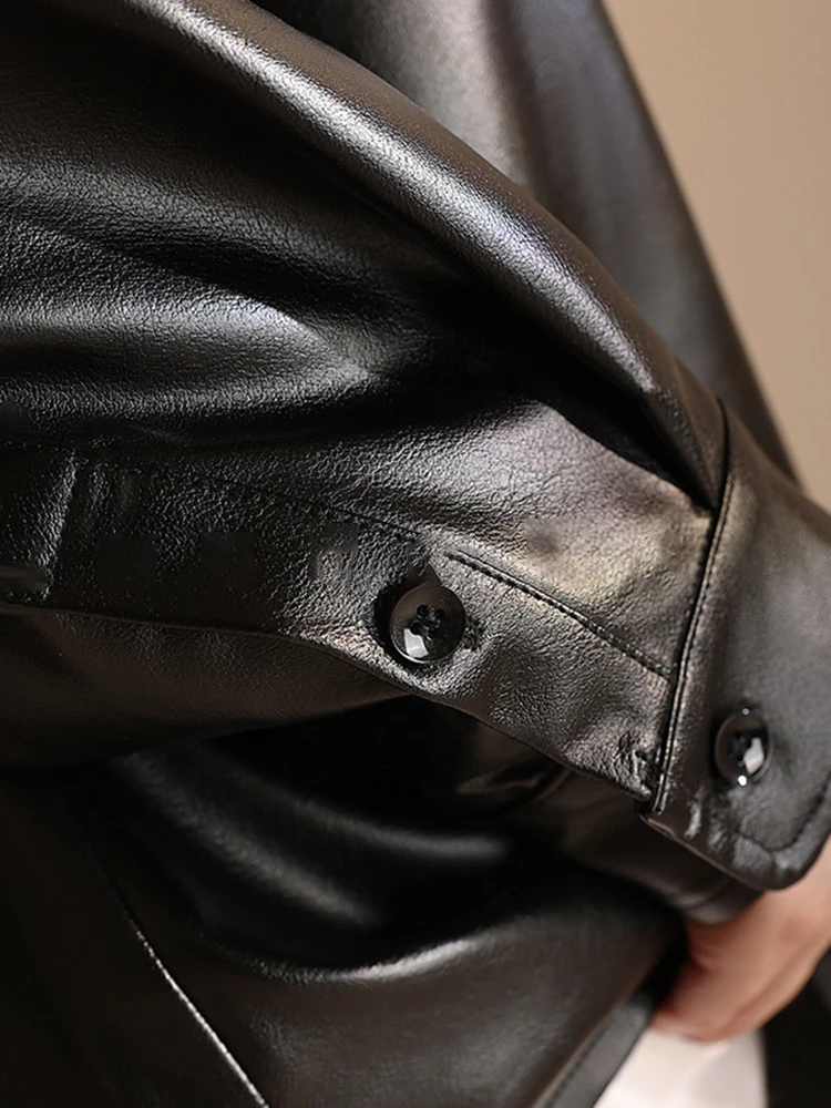 YERMORA Black Pu Leather Button Big Size Blouse For Women Lapel Long Sleeve Loose New Shirt Coat Fashion Tide Spring Autumn 2025