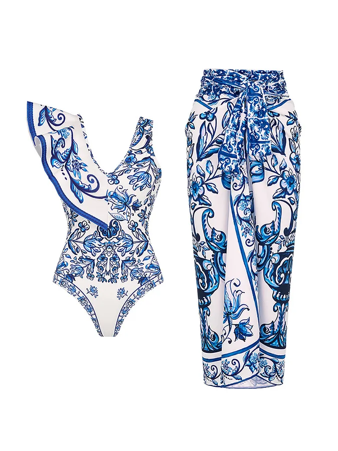 Beach Clothes Blue Patterned Decorative For Women'S Swimwear With Asymmetrical Design Of Single-Sided Pleats Swimming Costumes